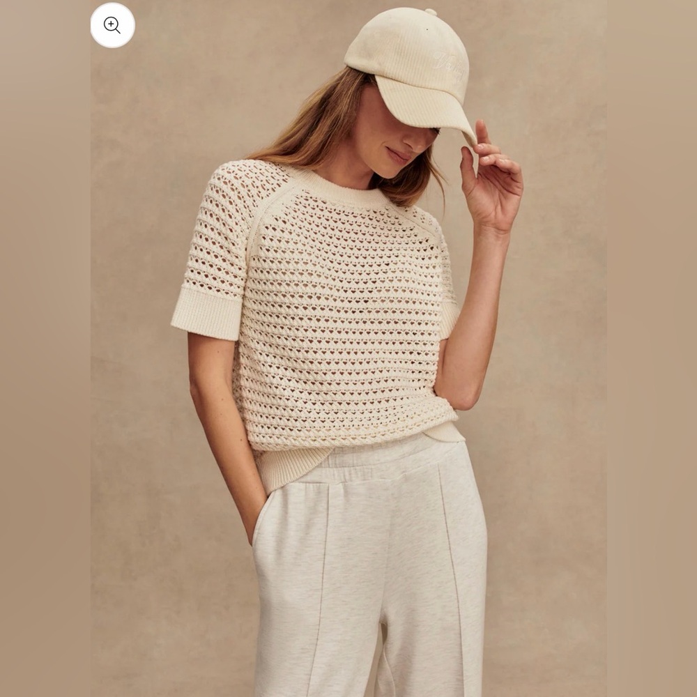 Varley Cream Short Sleeve Crochet Knit Tee